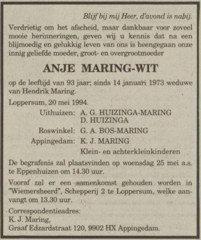 overlijdensadvertentie anje wit op 20 mei 1994.